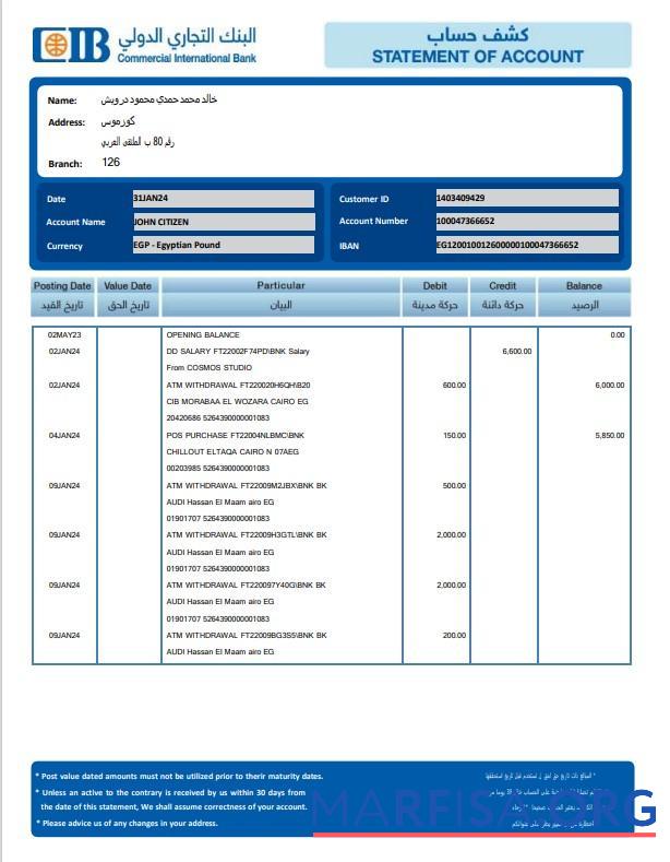 Downloadable EGYPT CIB bank statement word download for verification